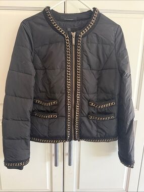 White House Black Market Black Quilted Puffer Jacket with Gold Chain Trim